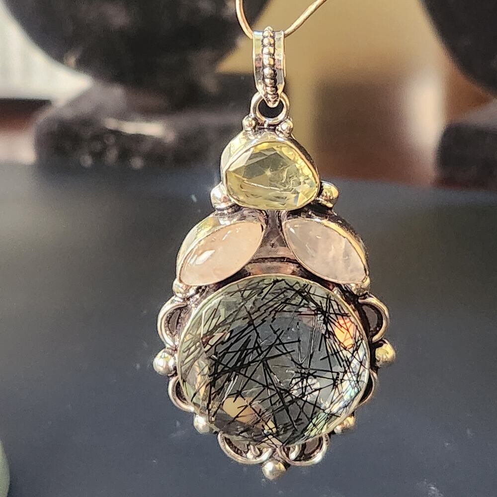 Tourmalinated Quartz & Gemstone Sterling Silver Pendant - Elegant Fusion